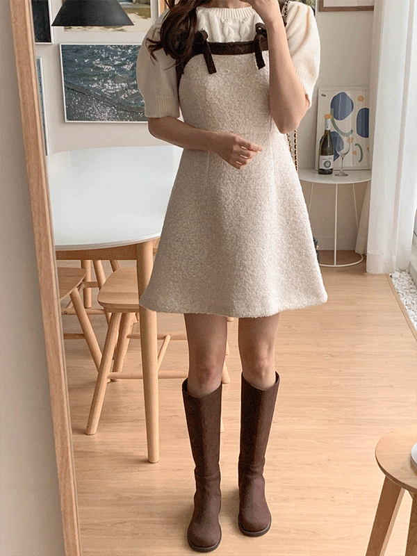 노이옷 배색 리본 A라인 끈나시 트위드 미니 원피스-3color