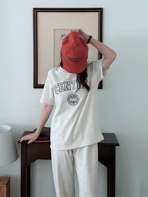 즐링툰 센터 자수 라운드 반팔 티셔츠 밴딩 일자 팬츠 세트-3color