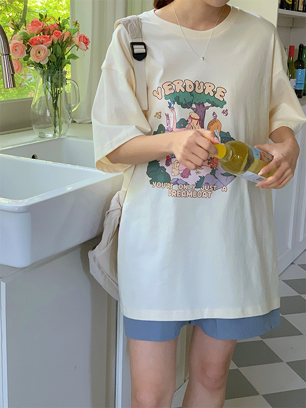 루하티 라운드넥 오버핏 프린팅 반팔 티셔츠-1color