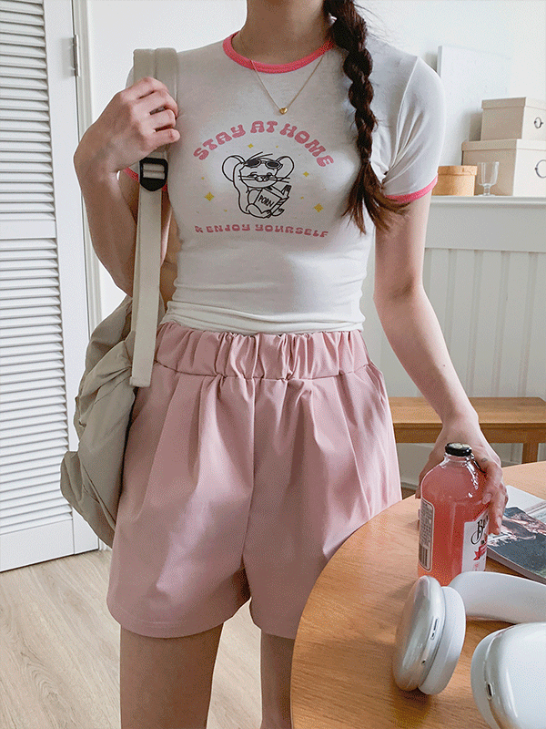 빙원츄 라운드넥 크롭 슬림핏 배색 반팔 티셔츠-3color