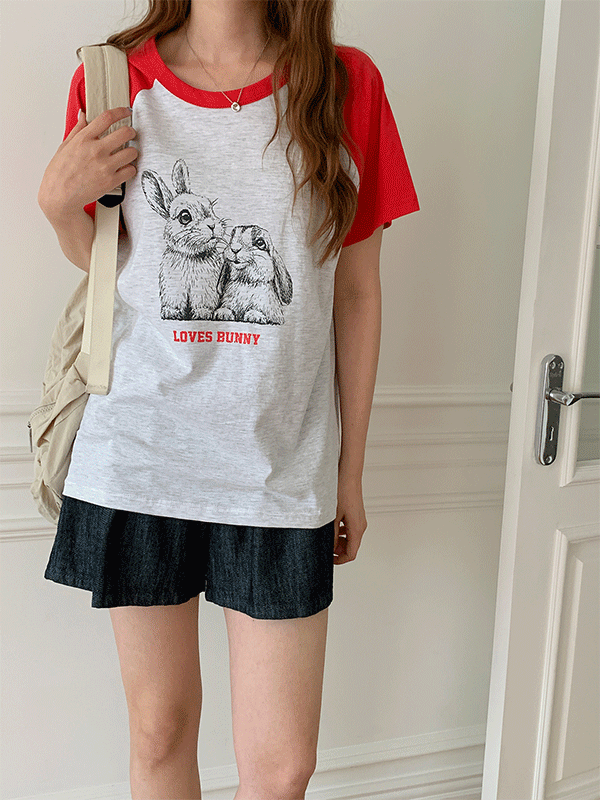 렛비스 라운드넥 토끼 프린팅 반팔 티셔츠-2color